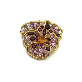 Vintage Signed Nolan Miller Pansy Brooch Floral Flower Pin Gold with Purple Crys
