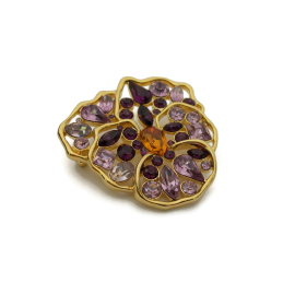 Vintage Signed Nolan Miller Pansy Brooch Floral Flower Pin Gold with Purple Rhin