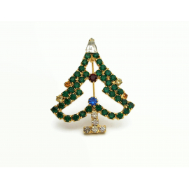 Vintage Prong Set Emerald Green Crystal Rhinestone Christmas Tree Brooch Pin