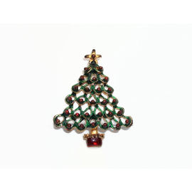 Vintage Green and Red Enamel Christmas Tree Brooch Pin Antiqued Gold