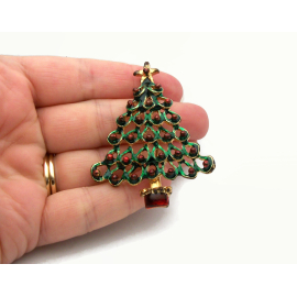 Vintage Green and Red Enamel Christmas Tree Brooch Pin Antiqued Gold