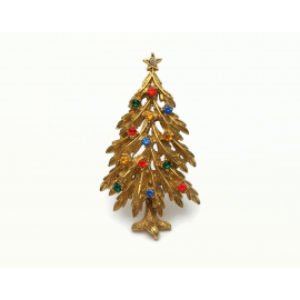 Vintage Signed ART Gold Rhinestone Christmas Tree Brooch Lapel Pin Rhinestones