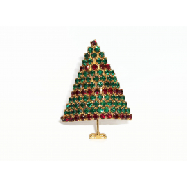 Vintage Emerald Green and Red Pave Crystal Rhinestone Christmas Tree Brooch Pin