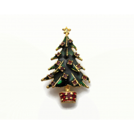 Vintage Enamel Christmas Tree Brooch Gold with Green and Red Enamel