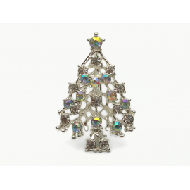 Vintage Rhodium Plated Silver Christmas Tree Brooch Pin with AB Aurora Borealis Crystal Rhinestones Vintage Rhodium Plated Silver Christmas Tree Brooch Pin with AB Crystals