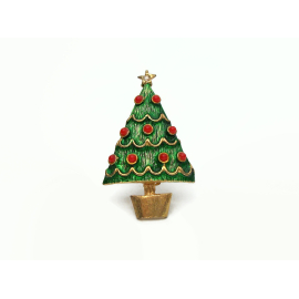 Small Vintage Gold and Enamel Christmas Tree Pin Brooch Lapel Pin Green Red