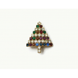 Vintage Small Prong Set Multicolored Rhinestone Christmas Tree Pin Brooch Gold