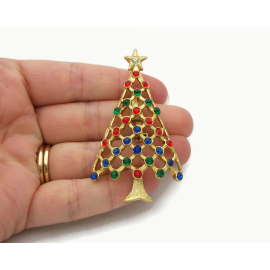 Vintage Gold Christmas Tree Pin Brooch Lapel Pin with Red Green Blue Rhinestones
