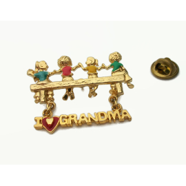 Vintage I Love Grandma Pin Gold and Enamel Four Grandchildren Grandkids