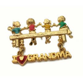 Vintage I Love Grandma Pin Gold and Enamel Four Grandchildren Quadruplets