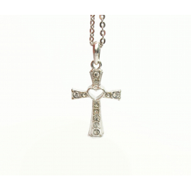 Vintage Clear Rhinestone Silver Cross with Heart Pendant Necklace Adjustable 18