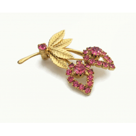 Vintage Pink Crystal Gold Floral Brooch Gold & Pink Rhinestone Flower Lapel Pin