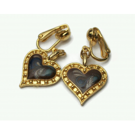 Vintage Gold Brown and Blue Enamel Swirl Heart Dangle Clip on Earrings