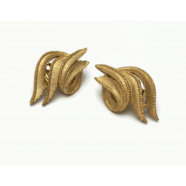 Vintage Crown Trifari Abstract Brushed Gold Brutalist Clip on Earrings