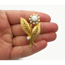 Vintage White Milk Glass and Gold Filigree Flower Brooch Floral Lapel Pin White