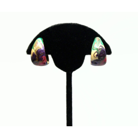 Vintage Purple Enamel Swirl Hoop Clip on Earrings Colorful Purple Green Hot Pink