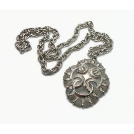 Vintage Crown Trifari Large Silver Pendant Necklace with Chunky 24 inch Chain