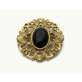 Vintage Ornate Gold Filigree Brooch Lapel Pin with Black Cabochon Vintage Ornate Gold Filigree Brooch Lapel Pin with Black Cabochon