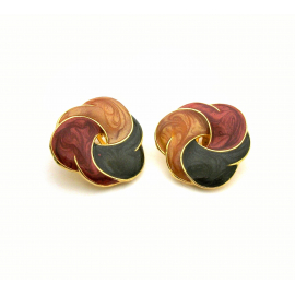 Vintage Enamel Swirl Clip on Earrings Gold with Green Amber and Maroon Red