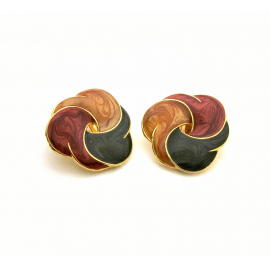 Vintage Enamel Swirl Clip on Earrings Gold with Green Amber and Maroon Red Enamel  1 1/8" Diameter Harvest Colors Summer Autumn Shades Vintage Enamel Swirl Clip on Earrings Gold with Green Amber and Maroon Red