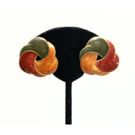 Vintage Enamel Swirl Clip on Earrings Gold with Green Amber and Maroon Red