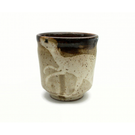 Small Ceramic Clay Pottery Cup Vessel Pot with Dinosaur 3 inches tall Brown Tan