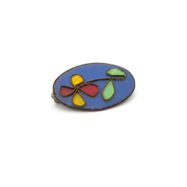 Vintage Copper Flower Brooch Pin with Blue Red Yellow Green Enamel Floral Design