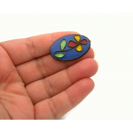 Vintage Floral Copper Brooch with Primary Colors Flower Design Small Oval Patina