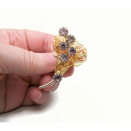 Vintage Calla Lily Brooch Gold Filigree with Prong Set Amethyst Purple Crystals