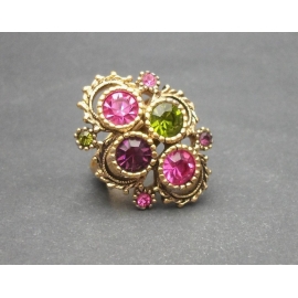 Vintage 1970s Sarah Coventry Ring Gold with Pink Green Purple Crystals