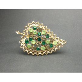 Vintage Leaf Brooch Green Rhinestone Gold Filigree Openwork Leaf Pin Lapel Pin