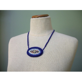 Vintage Micro Mosaic Necklace with Purple Blue Beaded 20 inch Chain Suede Back