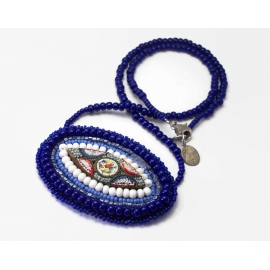 Vintage Micro Mosaic Necklace with Purple Blue Beaded 20 inch Chain and Suede Back Floral Micro Mosaic Statement Bib Necklace M. Wendy Vintage Micro Mosaic Necklace with Purple Blue Beaded 20 inch Chain Suede Back