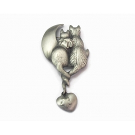 Vintage AJC Cattails Pewter Kitty Cat Brooch Two Cats in Love Moon Watching Pin with Heart Shaped Dangle Charm Crescent Moon and Star Vintage AJC Cattails Pewter Kitty Cat Brooch Two Cats in Love Moon Watching Pin