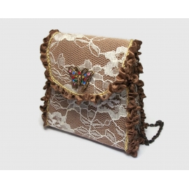 Vintage Small Wristlet Purse Brown with White Lace & Brown Ruffles Tiny Purse