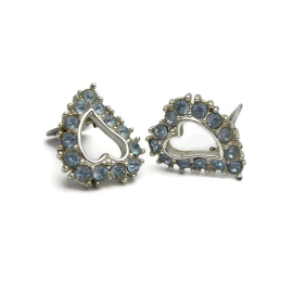 Vintage 1950s Sarah Coventry Heart Clip On Earrings Blue Rhinestones Silver Tone