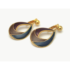 Vintage Enamel Teardrop Hoop Clip on Earrings Tear Drop Shaped Gold Purple Brown