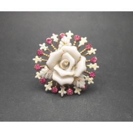 Vintage Porcelain Rose Brooch with Fleur de Lis Pink Rhinestones White and Gold