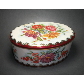 Vintage Daher Oval Tin Made in England 6 inch Long Floral Tin White Red Orange