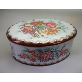 Vintage Daher Oval Tin Made in England 6 inch Long Floral Tin White Gold Red Orange Pink Vintage Daher Oval Tin Made in England 6 inch Long Floral Tin White Red Orange