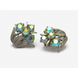 Vintage Signed Coro Textured Silver and Green AB Crystal Floral Clip on Earrings