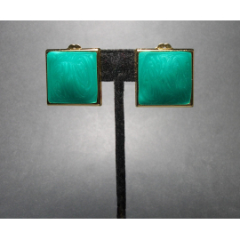 Vintage Square Green Enamel Swirl Clip on Earrings Lightweight