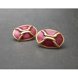 Vintage Gold Magenta Swirl Enamel Clip on Earrings Oval Enamel Earrings Fuchsia