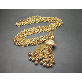 Vintage Gold Tone Ball Tassel Pendant Necklace Long 24 inch Double Strand Chain