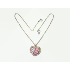 Vintage Silver and Pink Rhinestone Heart Shaped Pendant Necklace 16" Chain