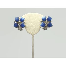 Vintage Blue Thermoset Floral Clip on Earrings Blue and Silver Flowers Mid Centu