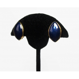 Vintage Trifari Deep Navy Midnight Blue Enamel Clip on Earrings Almond Shaped