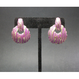 Vintage Purple and Silver Tone Animal Stripe Doorknocker Clip on Earrings