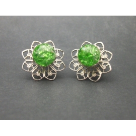 Vintage Green Crackle Glass and Silver Tone Filigree Clip on Earrings Silver and Green Floral Filigree Clip Earrings Mid Century Vintage Green Crackle Glass and Silver Tone Filigree Clip on Earrings
