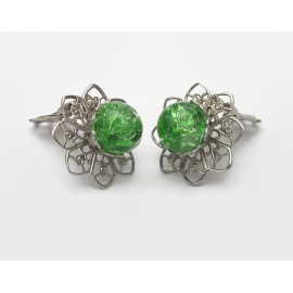 Vintage Green Crackle Glass and Silver Tone Filigree Clip on Earrings